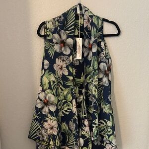 Tropical Floral Sleeveless Blouse - Navy and Green